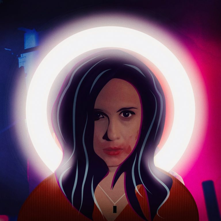 Ilustración estilo vector de la protagonista Paulina Rebolledo, quien tiene marcas de lápiz labial corrido y un aro led de influencer forma una aureola detrás de su cabeza. Diseñada por @ruboc inspirado en un Frame de la canción